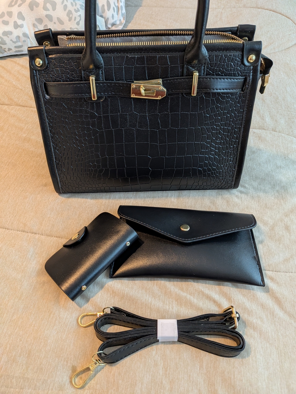 Croc-Embossed Black Structured Satchel Handbag - Picture 3 of 8